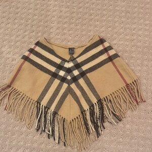 Burberry Tan and Black Checkered Poncho with Fringe